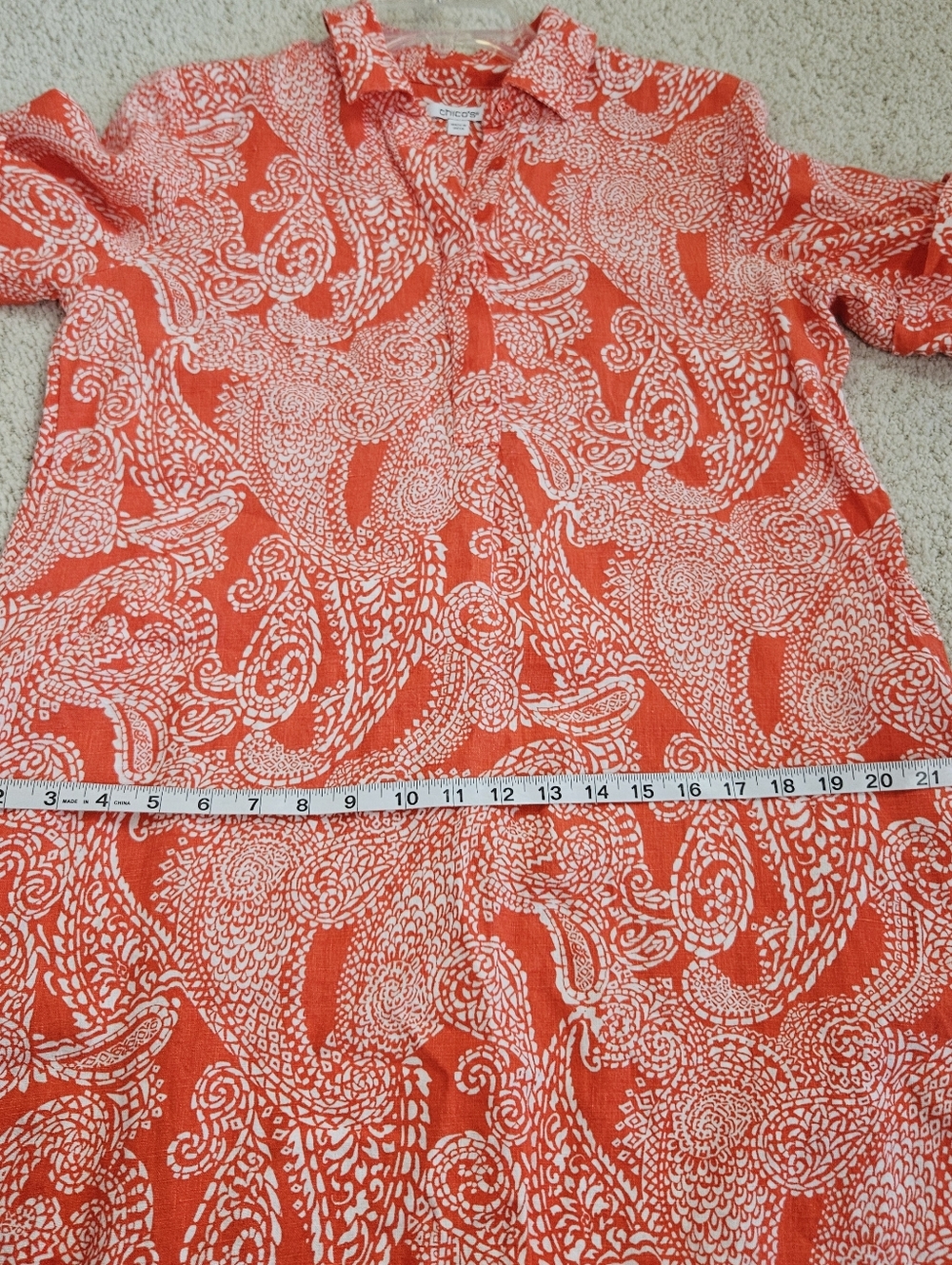 Chicos Linen Dress Orange Popover Paisley Pockets US 8 M Coastal Beach Womens - Picture 7 of 10